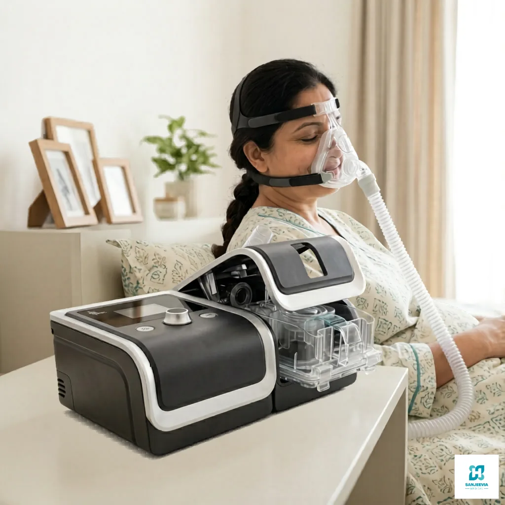 Home respiratory care using a BiPAP ST machine with backup breathing support
