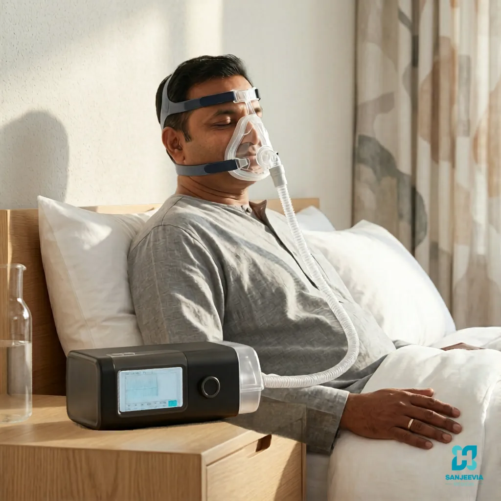 BiPAP ST machine , Patient using a BiPAP ST machine for home respiratory therapy and breathing support