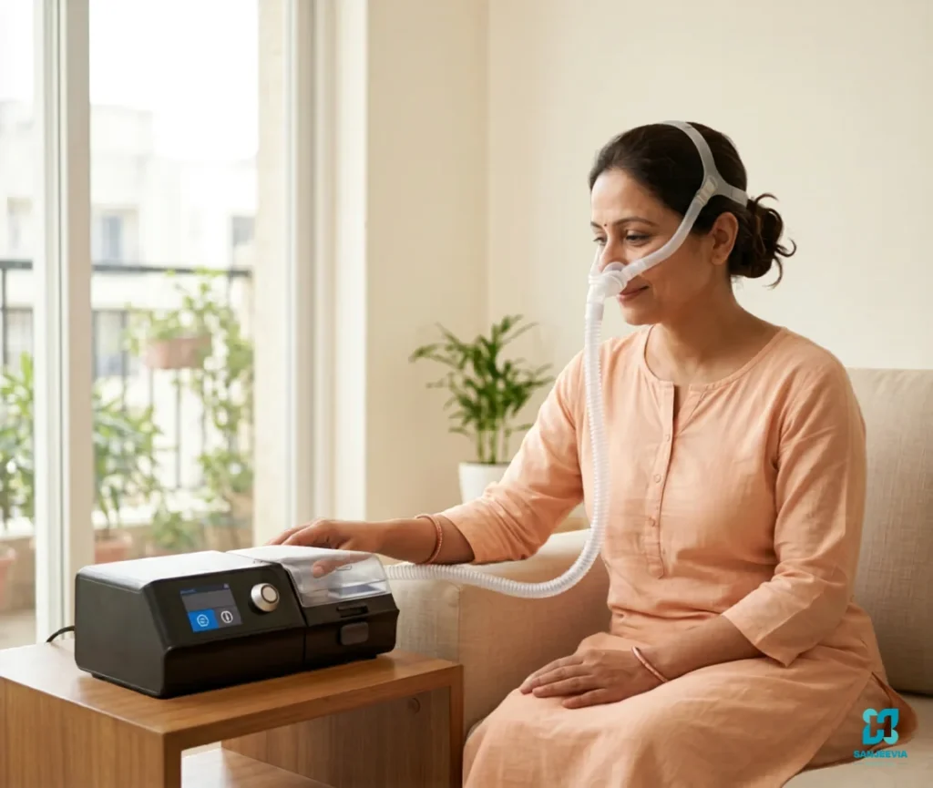 Patient using a BiPAP machine for home oxygen and respiratory care