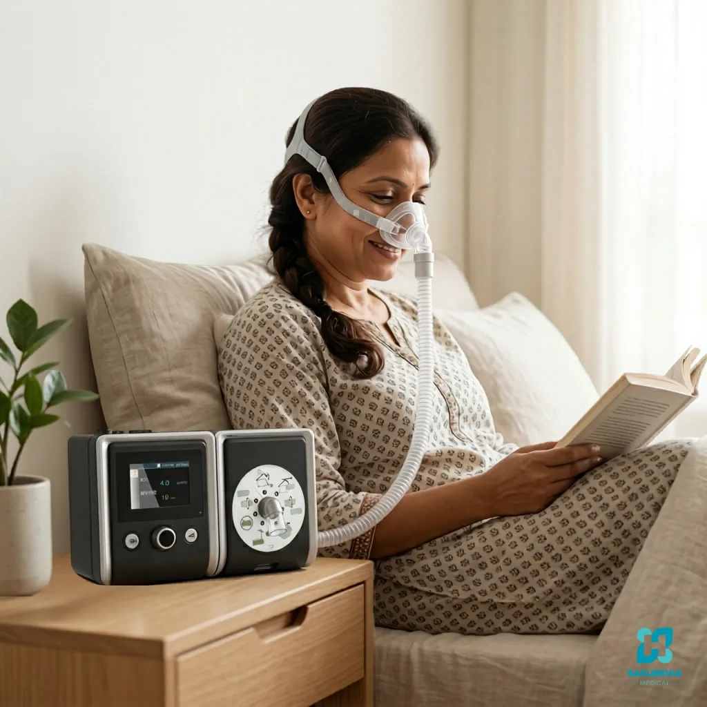 Woman receiving home respiratory therapy with a BiPAP ST machine