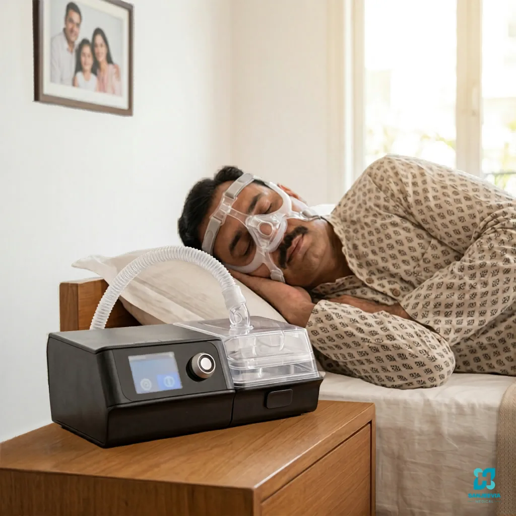 BiPAP machine for home Patient using a BiPAP machine during sleep for home respiratory therapy