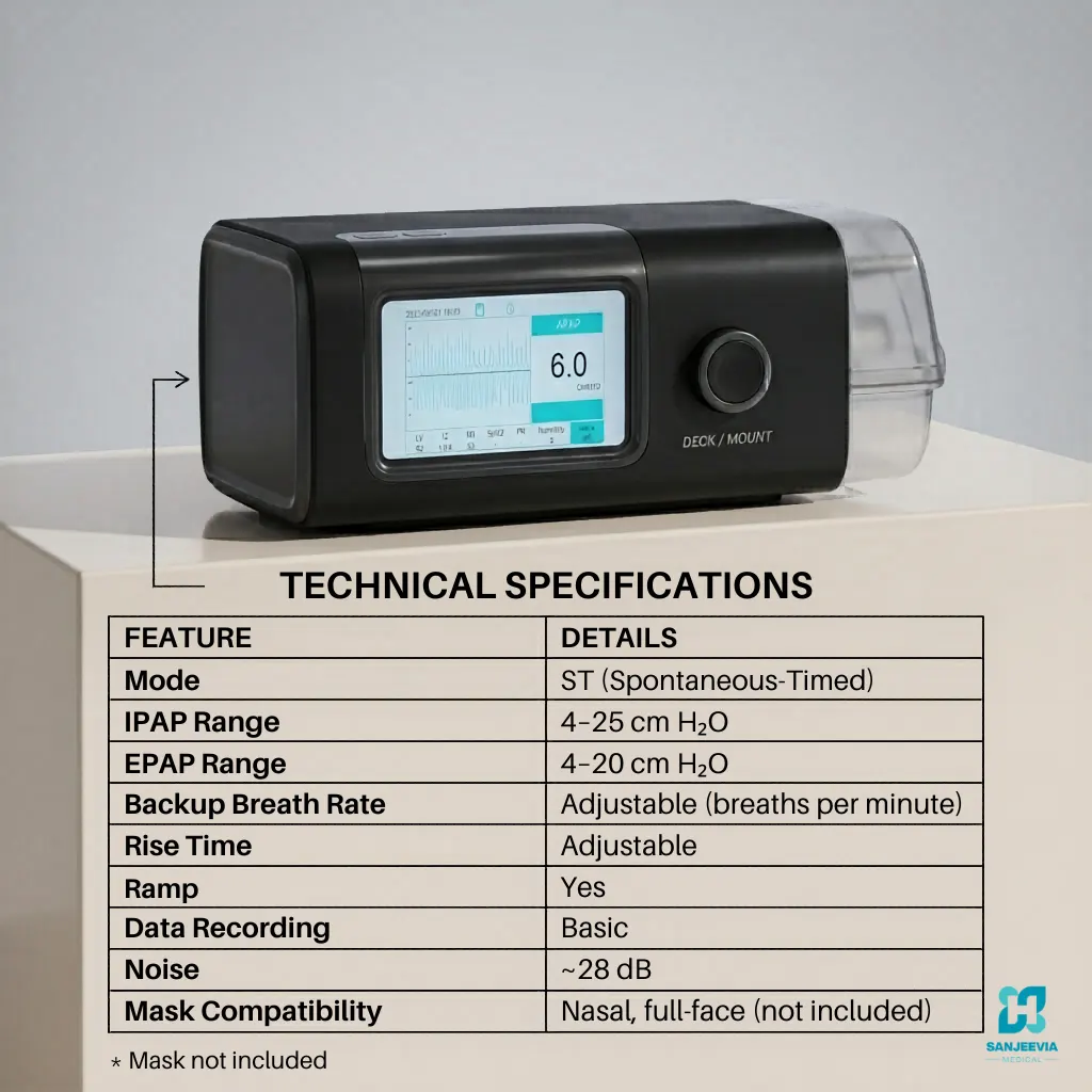 Technical specifications of a BiPAP ST machine for advanced respiratory therapy