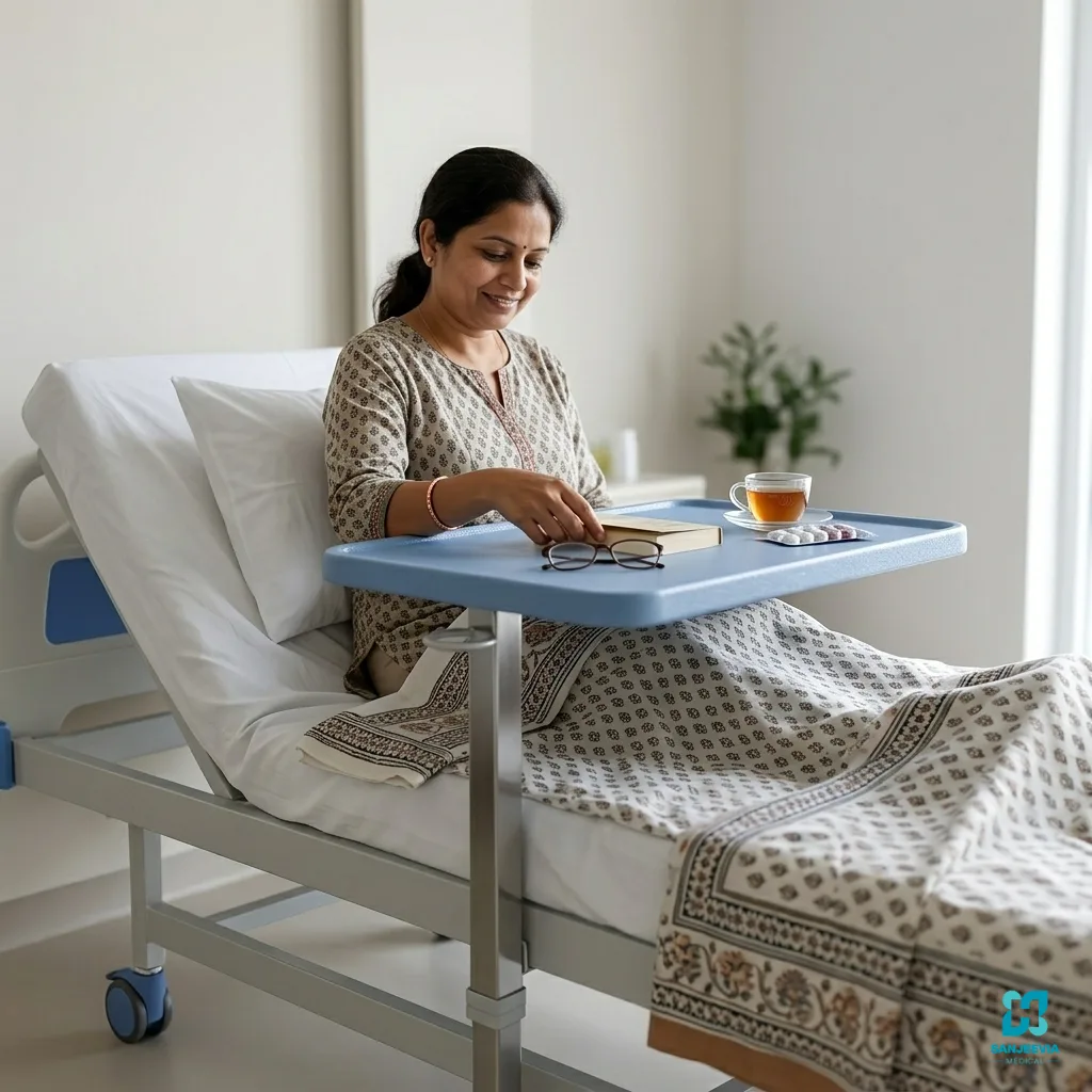 A lady(mother) sitting on a hospital bed at the comfort of their home from Sanjeevia. Resting and happy.