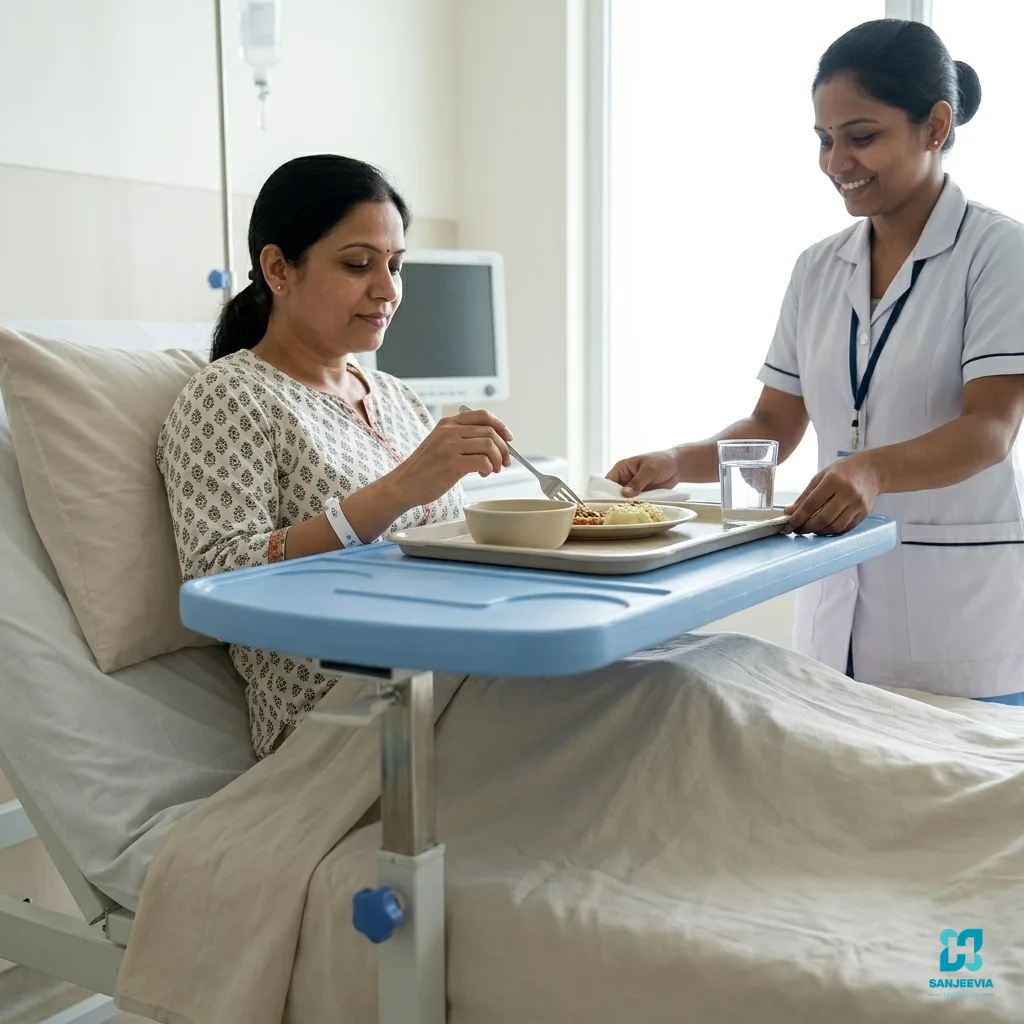 Food Over Bed Table, Adjustable over bed table for hospital and home care patients