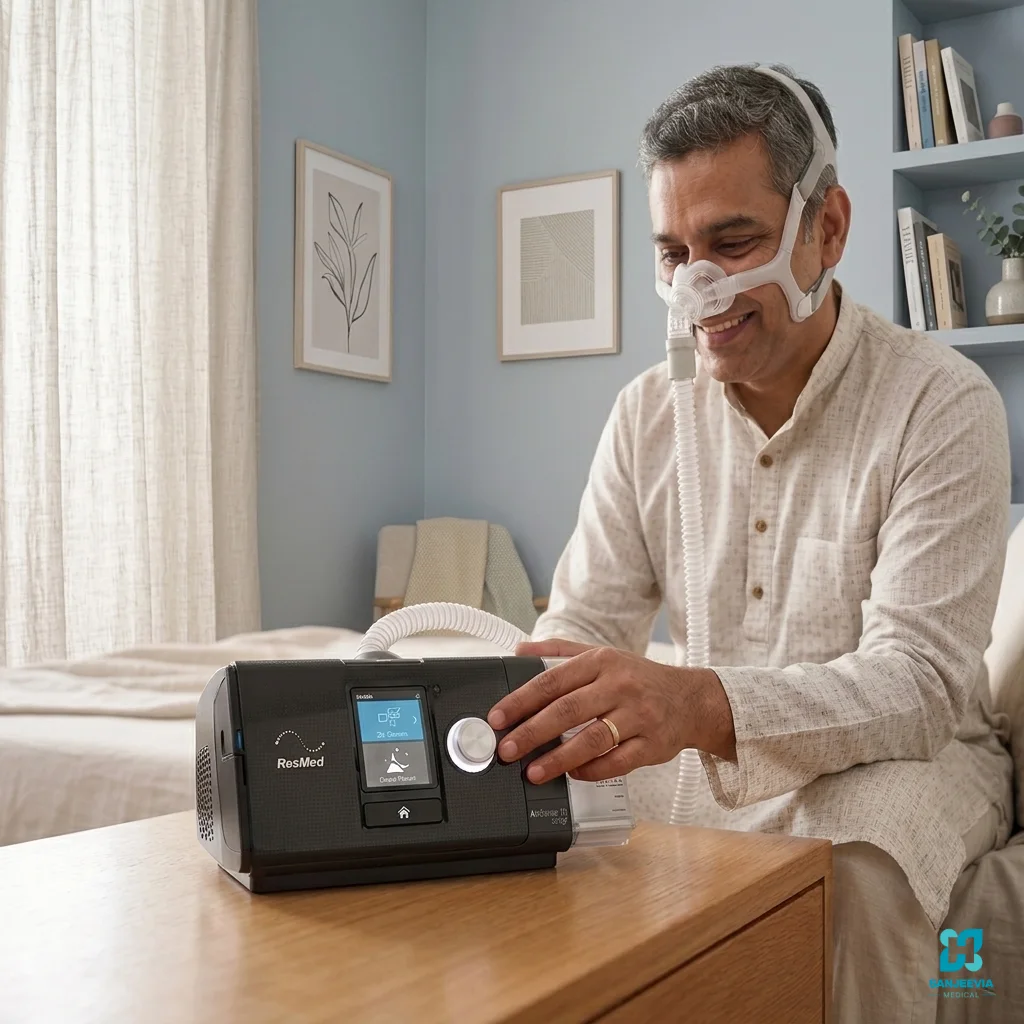 Man using a CPAP Machine for better sleep and sleep apnea therapy