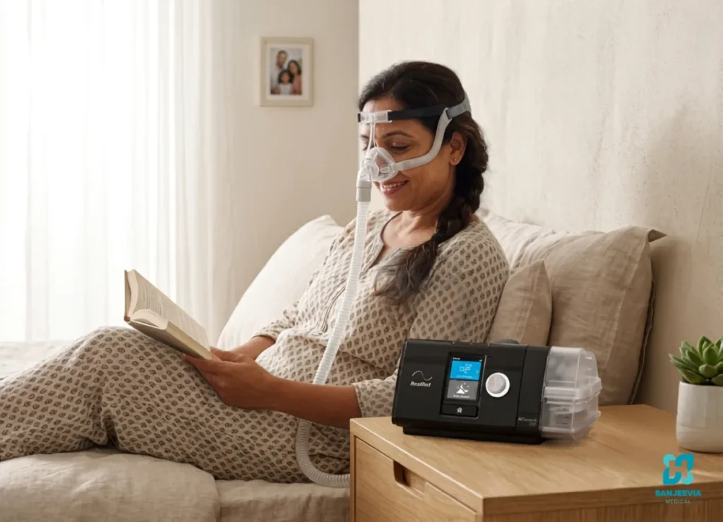 Patient using Auto CPAP Machine for home sleep apnea therapy