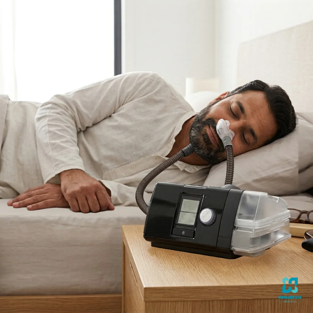 Auto CPAP Machine beside a patient sleeping with CPAP mask