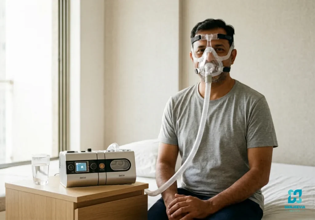 Man using Auto CPAP Machine for obstructive sleep apnea treatment