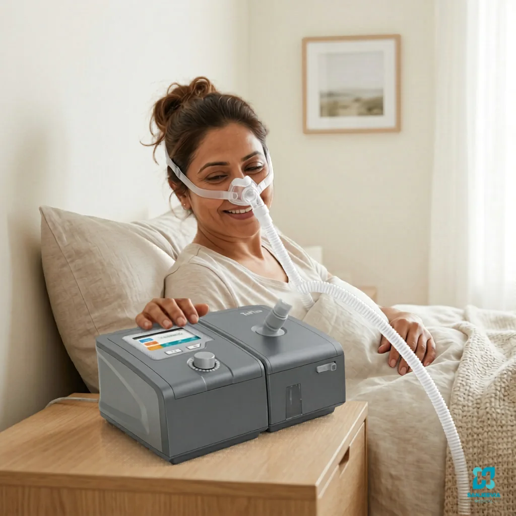 Woman receiving home BiPAP therapy with a non-invasive ventilation machine