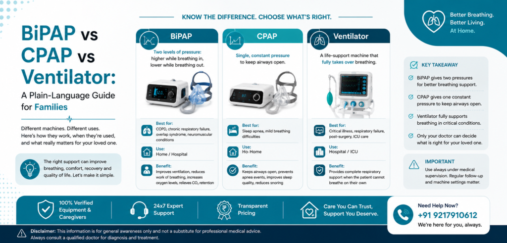 A complete guide for CPAP, BiPAP and Ventilator. CPAP on rent in Delhi NCR. BiPAP on rent in Delhi NCR. Ventilator on rent in Delhi NCR.