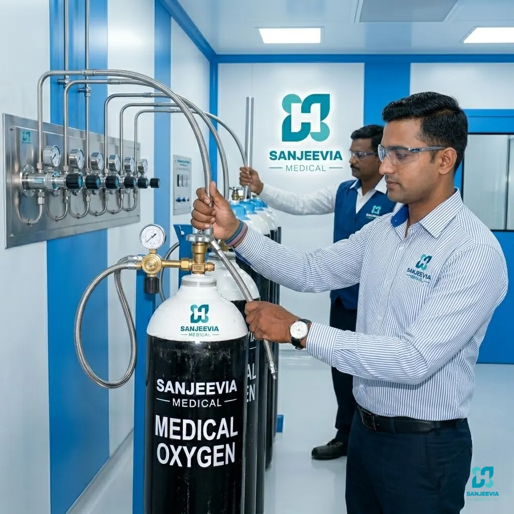 Sanjeevia Medical technician refilling a medical oxygen cylinder using a certified oxygen manifold system for hospitals and home healthcare in Delhi NCR.