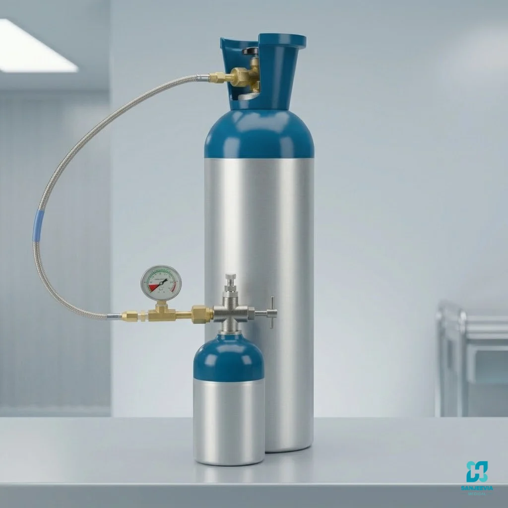 Oxygen Cylinder Refilling, Medical oxygen cylinder with oxygen regulator and flow meter available for rental, refill, and home delivery by Sanjeevia Medical in Delhi NCR. 3. Image 3 (Two technicians inspecting cylinders)