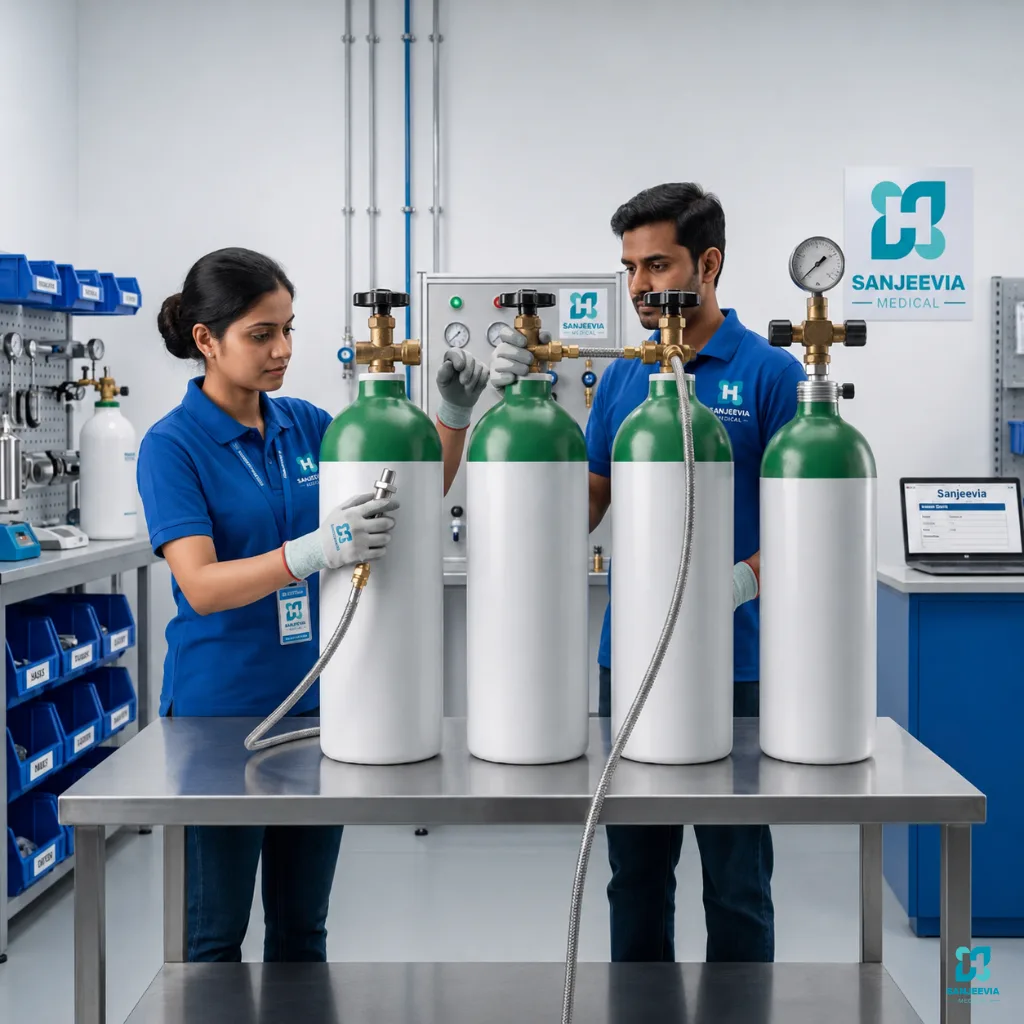 Sanjeevia Medical team performing quality inspection and testing of medical oxygen cylinders before refill and delivery across Delhi NCR.