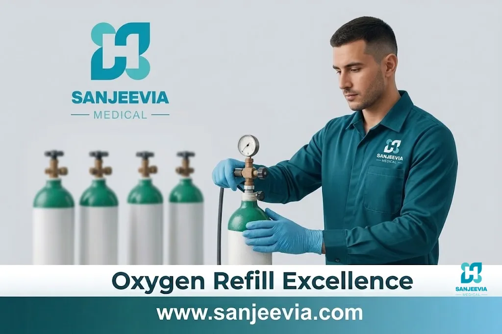 Professional oxygen cylinder refill service by Sanjeevia Medical with certified oxygen cylinders for home care, hospitals, and emergency medical use in Delhi NCR.