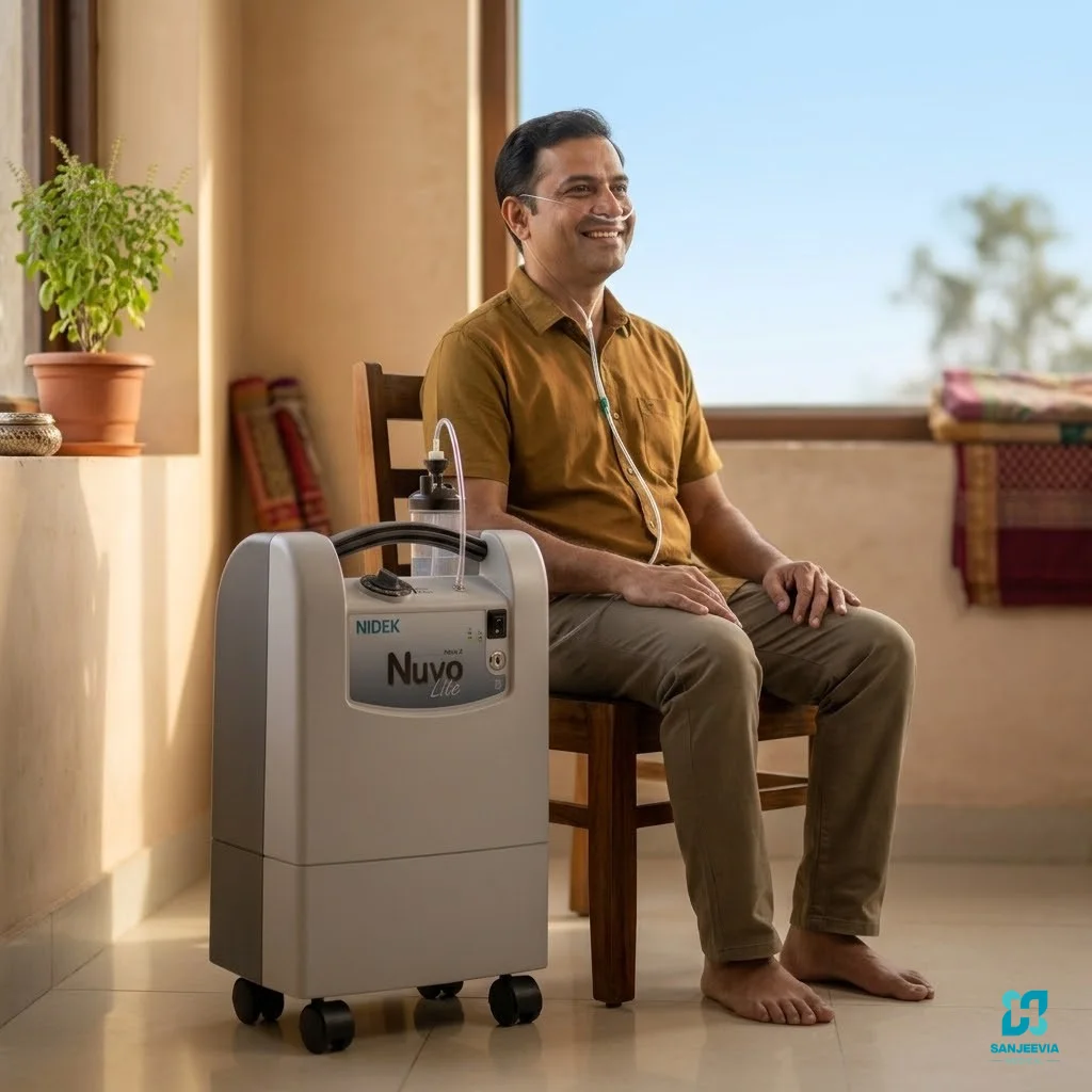 A patient using Lightweight Nidek Nuvo Lite 5L oxygen concentrator for patient home care