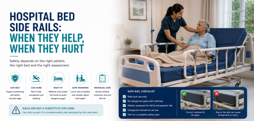 Hospital bed side rails can help or create risks. Learn what families should ask about gaps, transfers, entrapment, lowering mechanisms and safe home use.