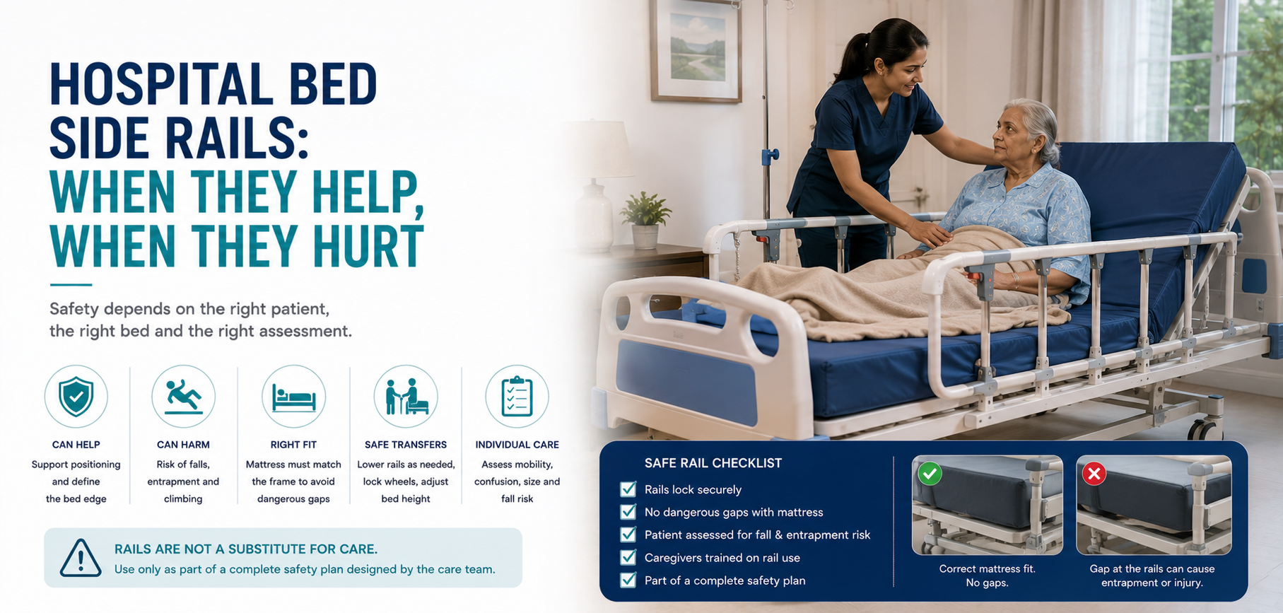 Hospital bed side rails can help or create risks. Learn what families should ask about gaps, transfers, entrapment, lowering mechanisms and safe home use.