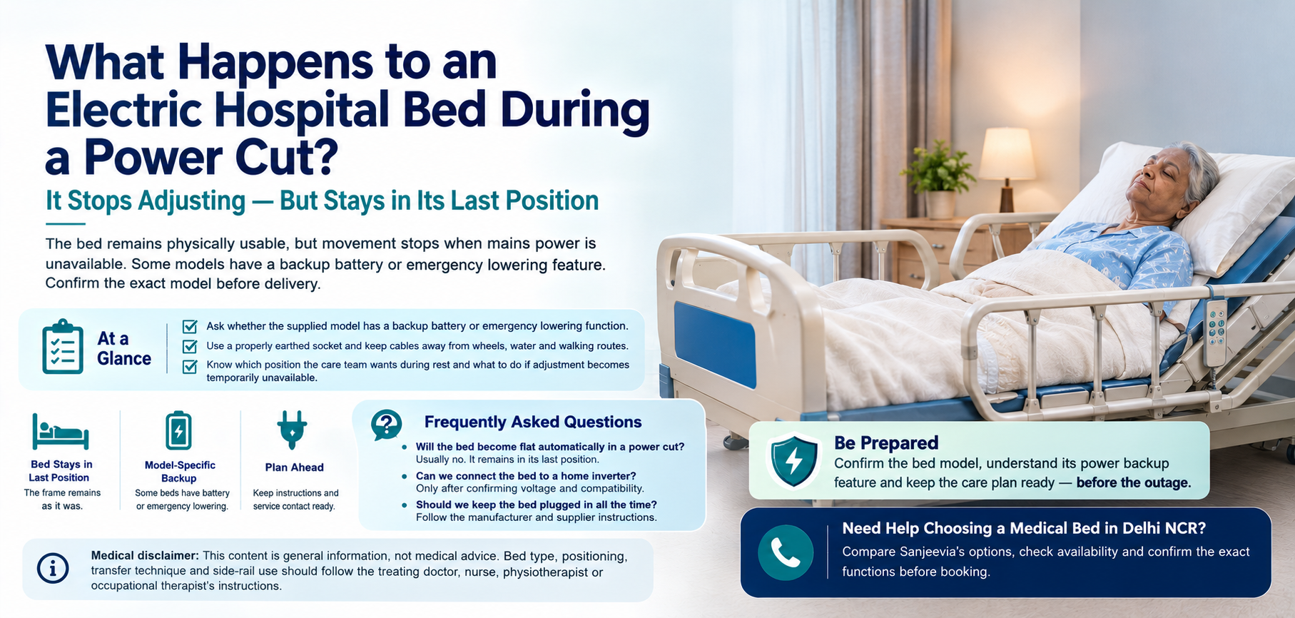What happens to an electric hospital bed during a power cut? Learn safe positioning, battery questions, socket checks and backup planning for home care.