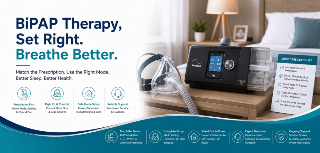 Renting a BiPAP machine in Delhi NCR? Match the prescription, mode and pressures; confirm mask, humidifier, circuit, backup power, demo and support.