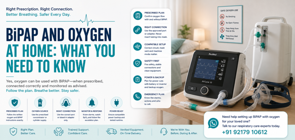 Oxygen can be prescribed with BiPAP, but connection, flow, alarms and fire safety must be planned. Learn what families should confirm before home setup.