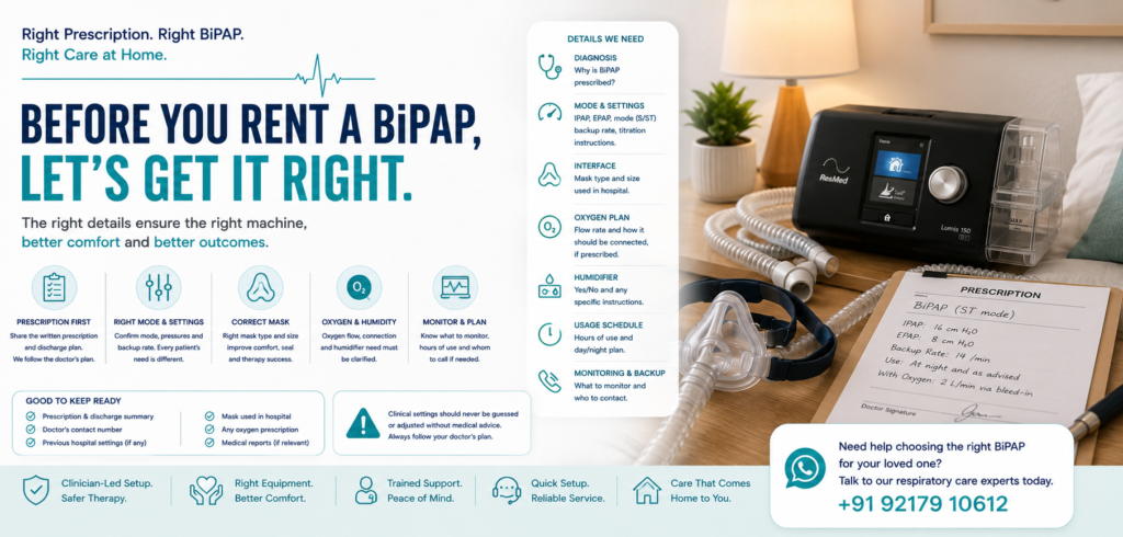 Renting a BiPAP machine? Learn which prescription details, modes, pressures, mask, oxygen plan and patient information should be confirmed before delivery.