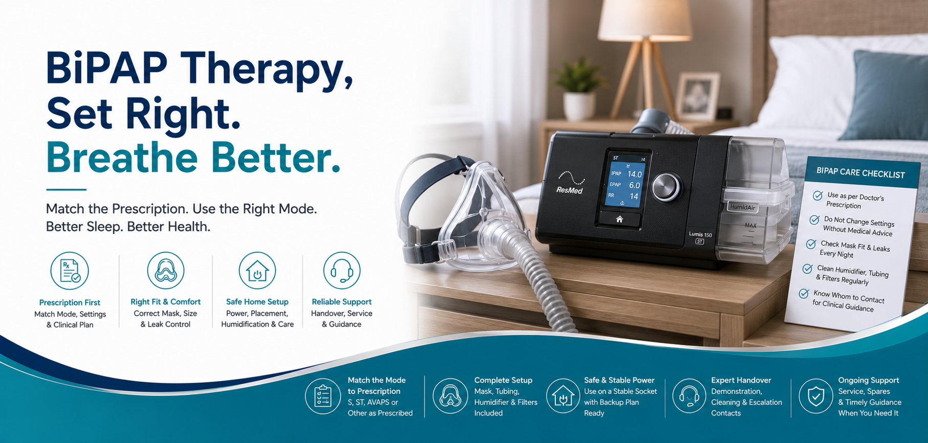 Renting a BiPAP machine in Delhi NCR? Match the prescription, mode and pressures; confirm mask, humidifier, circuit, backup power, demo and support.