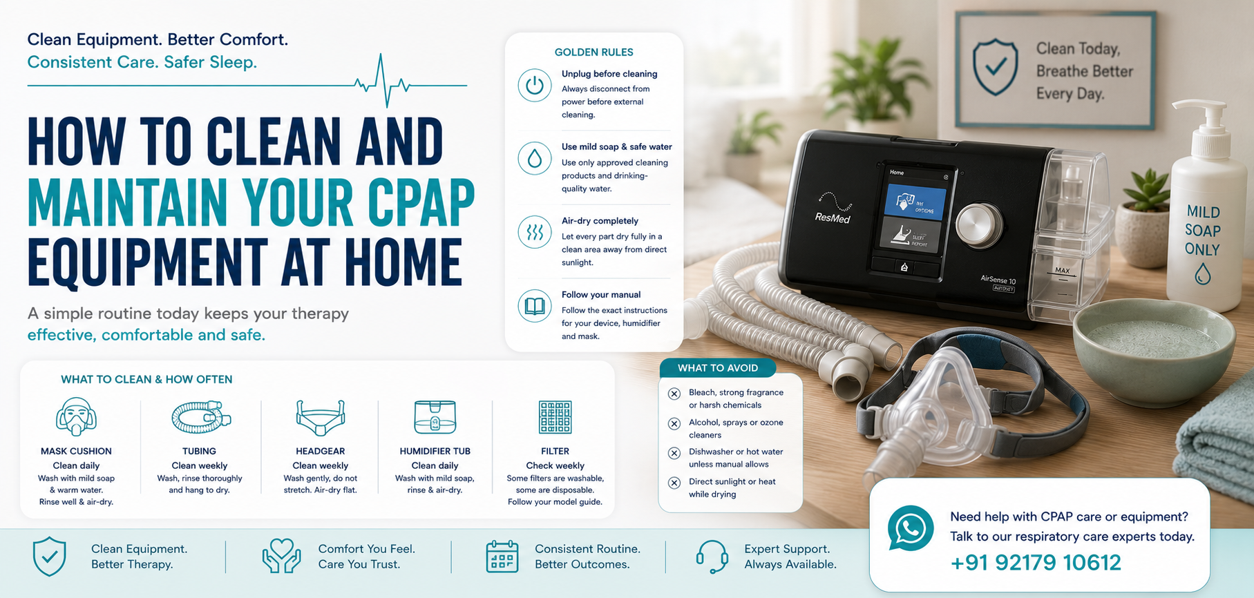 Learn how to clean a CPAP or BiPAP mask, tubing, humidifier and filter safely, what products to avoid, and when worn parts need replacement.