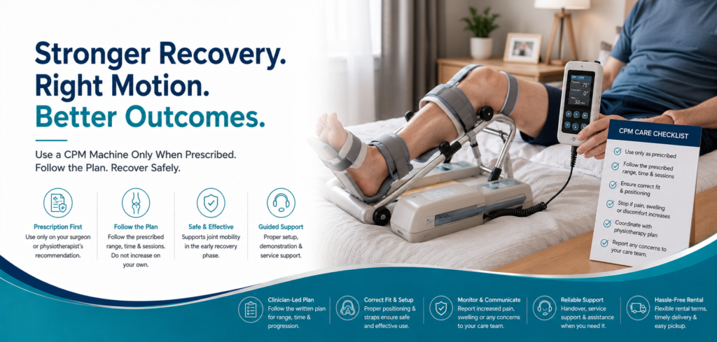 Need a CPM machine on rent after knee replacement in Delhi NCR? Check prescription, knee range, session timing, fit, setup demonstration and rental support.