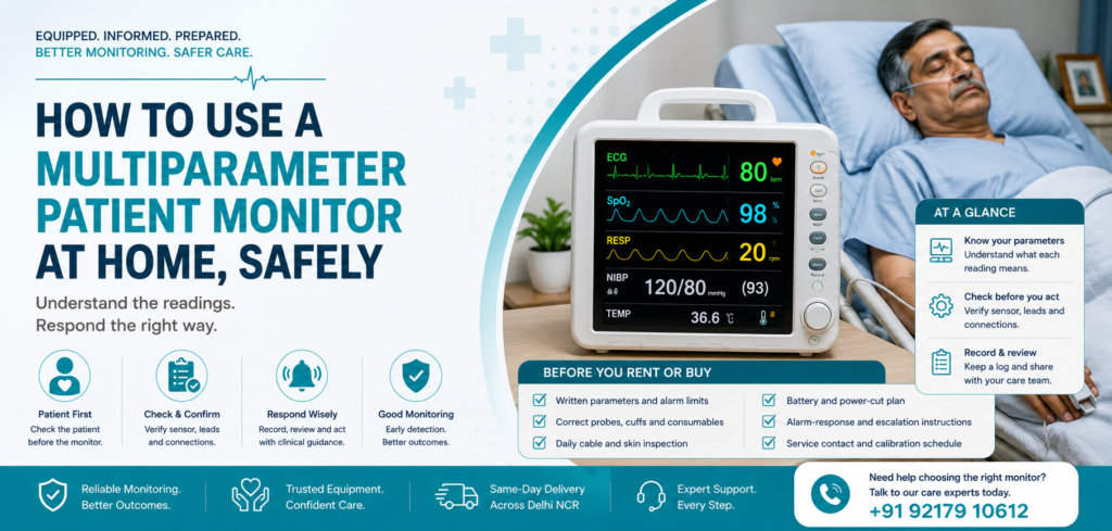 Using a patient monitor at home? Understand ECG heart rate, SpO2, blood pressure, respiration and temperature, plus alarm and lead checks.