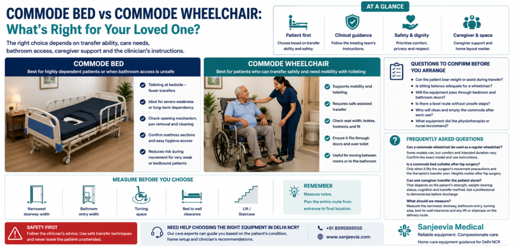 Compare a commode bed and commode wheelchair for elderly or post-surgery home care. Learn which suits transfers, toileting, room access and caregiver support.