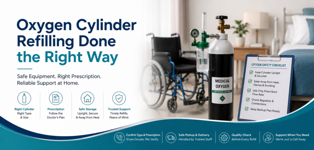 Booking a medical oxygen cylinder refill in Delhi NCR? Confirm cylinder size, test status, regulator compatibility, prescribed flow, full-cylinder pressure and safe transport.