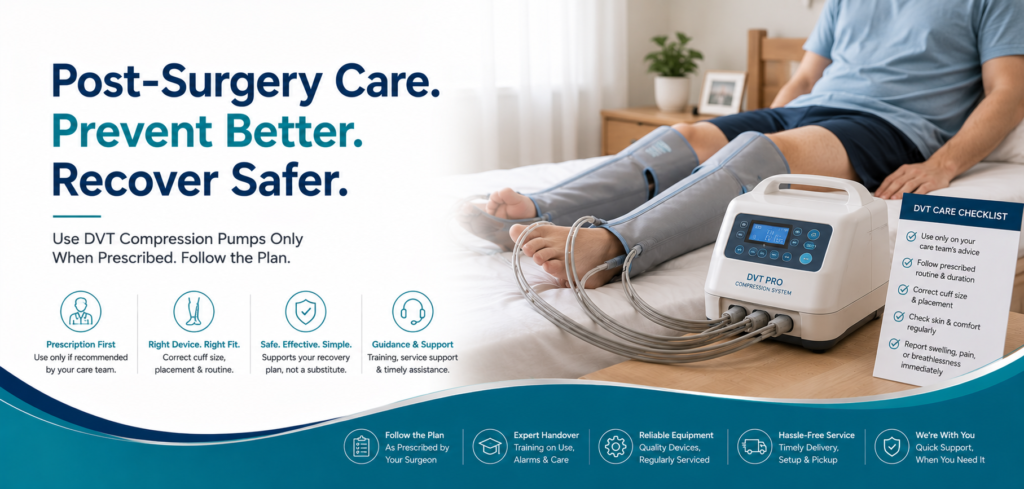 Need a DVT pump on rent after knee replacement in Delhi NCR? Check prescription, cuffs, fit, daily schedule, hygiene, alarms and support before booking.
