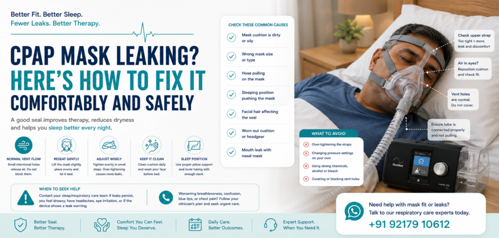 BiPAP mask leaking at night? Check cushion cleanliness, size, headgear, sleeping position and tubing safely without overtightening or changing pressure settings.
