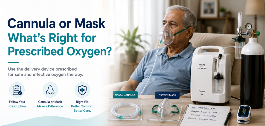 Nasal cannula or oxygen mask at home? Compare comfort, fit, eating, dryness and prescribed oxygen delivery—without changing devices or flow on your own.