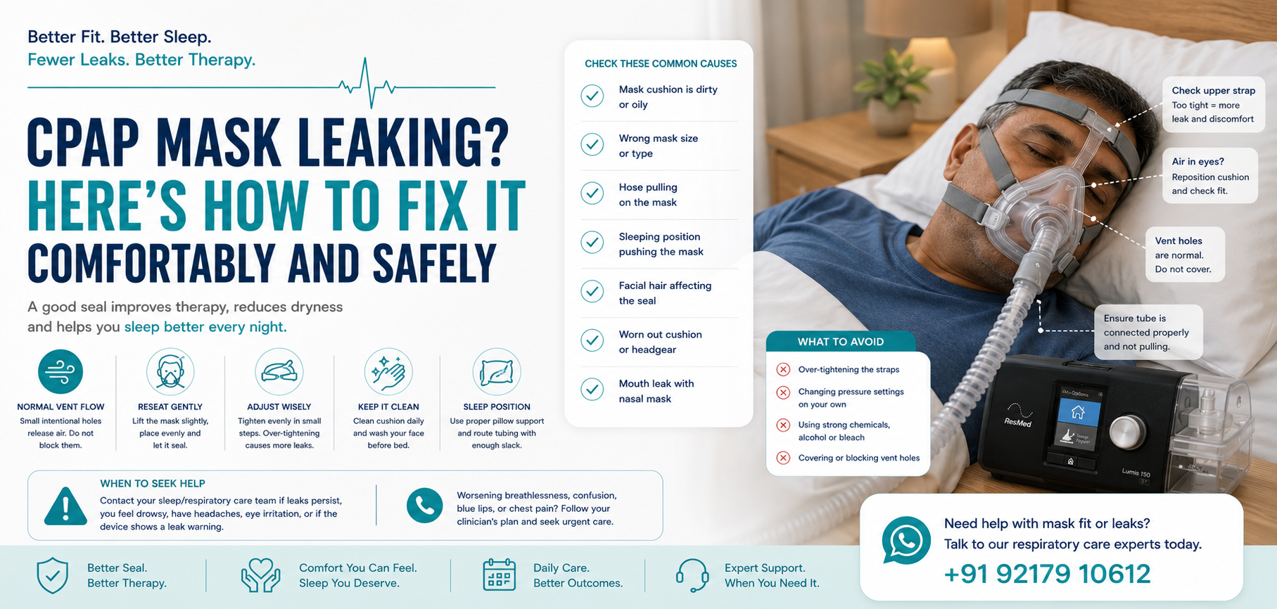 BiPAP mask leaking at night? Check cushion cleanliness, size, headgear, sleeping position and tubing safely without overtightening or changing pressure settings.