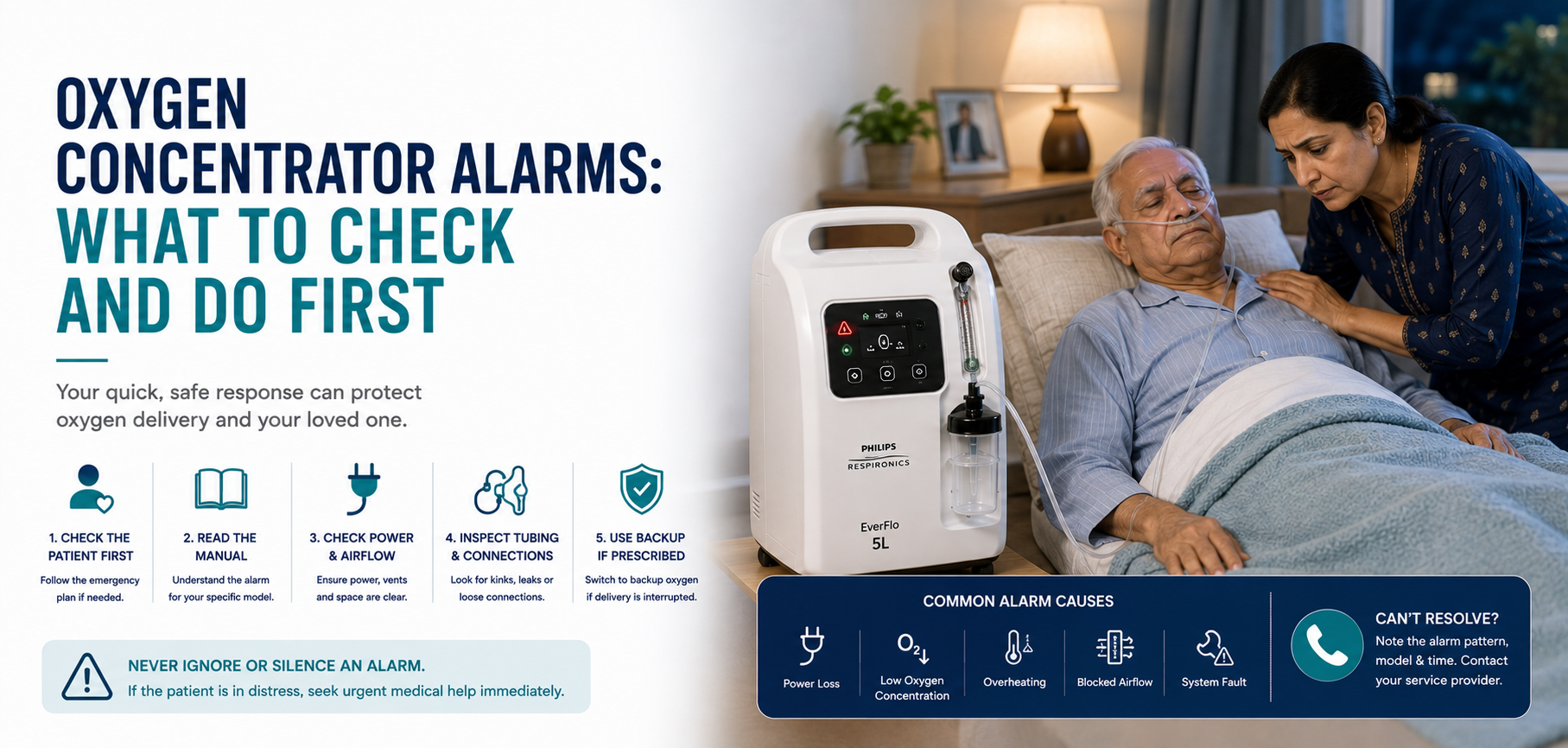Oxygen concentrator alarm beeping? Check power, airflow, tubing and indicators safely, know when to use backup oxygen, and avoid changes to prescribed flow.