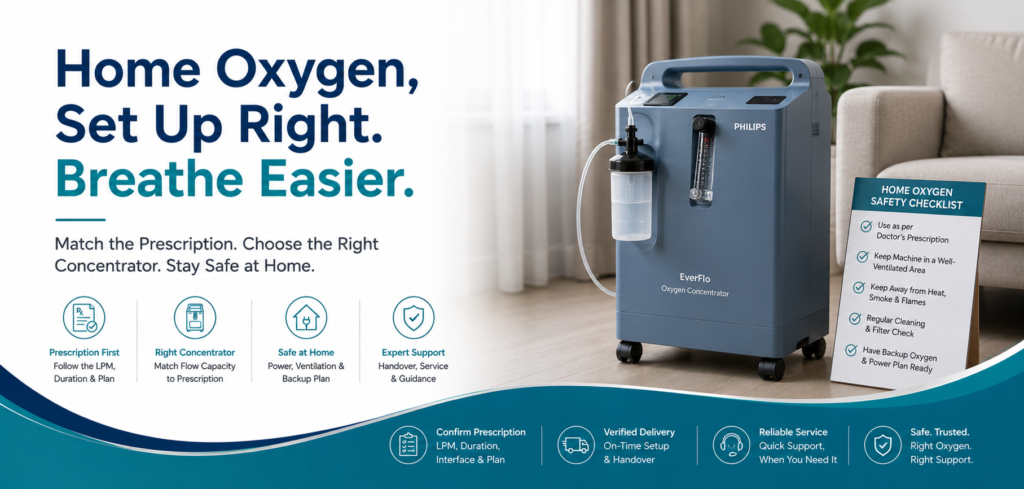 Before renting an oxygen concentrator in Delhi NCR, confirm prescribed LPM, continuous or pulse flow, oxygen concentration, backup cylinder, alarms and delivery demo.