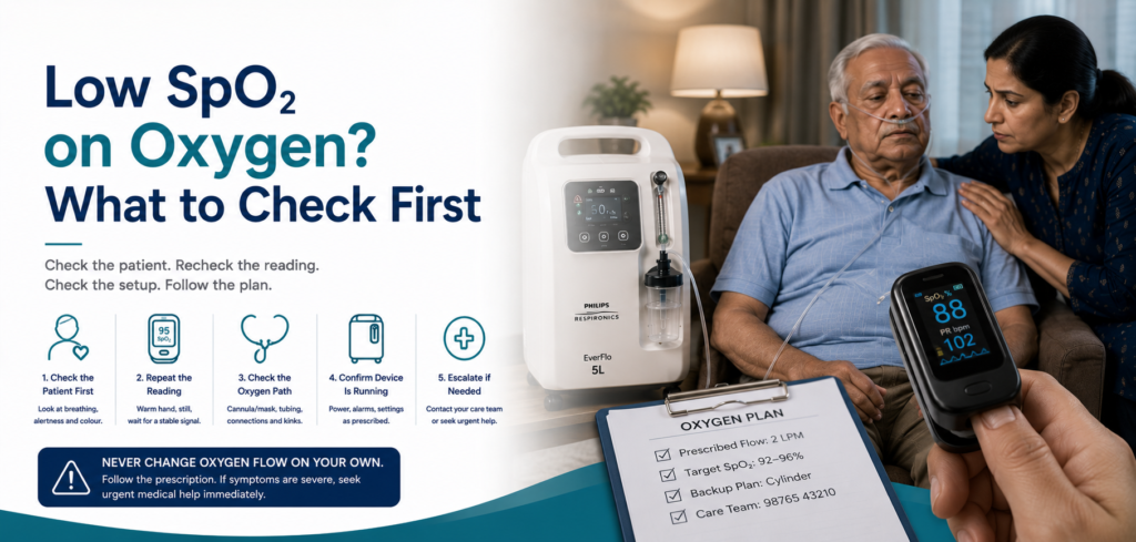 SpO2 still low while using oxygen? Learn safe pulse-oximeter and equipment checks, what not to change, and when the patient needs urgent medical help.
