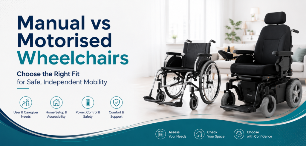 Compare electric and manual wheelchairs for home use. Check user control, caregiver availability, transfers, doorway width, charging, transport and rental duration.