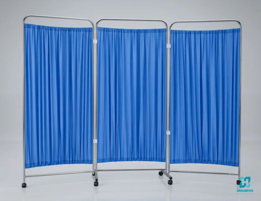 Hospital Bedside Screen, Hospital bedside screen with four panel curtain divider for patient privacy in hospitals and home care