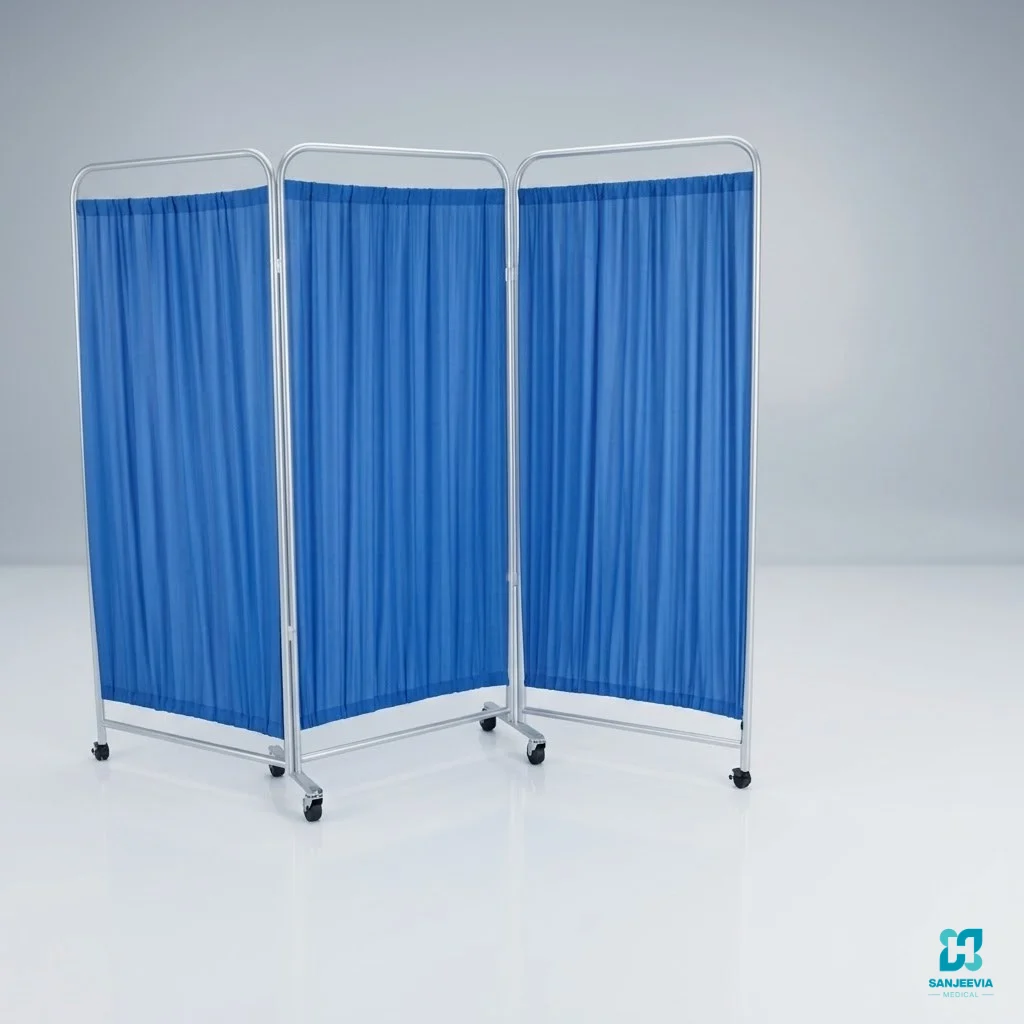 Hospital Bedside Screen, Hospital bedside screen with four panel curtain divider for patient privacy in hospitals and home care