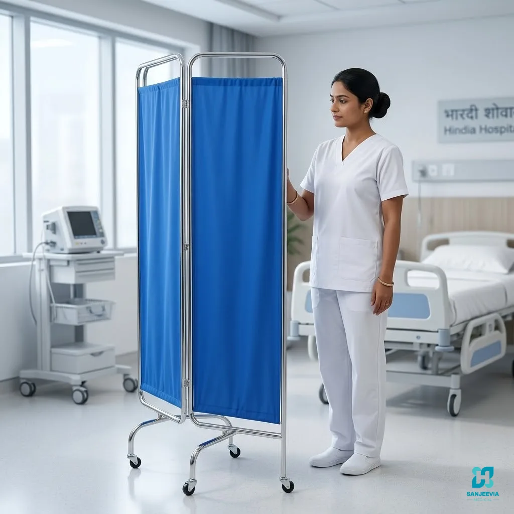 Hospital Bedside Screen, Portable hospital privacy screen with folding curtain divider for patient examination and recovery