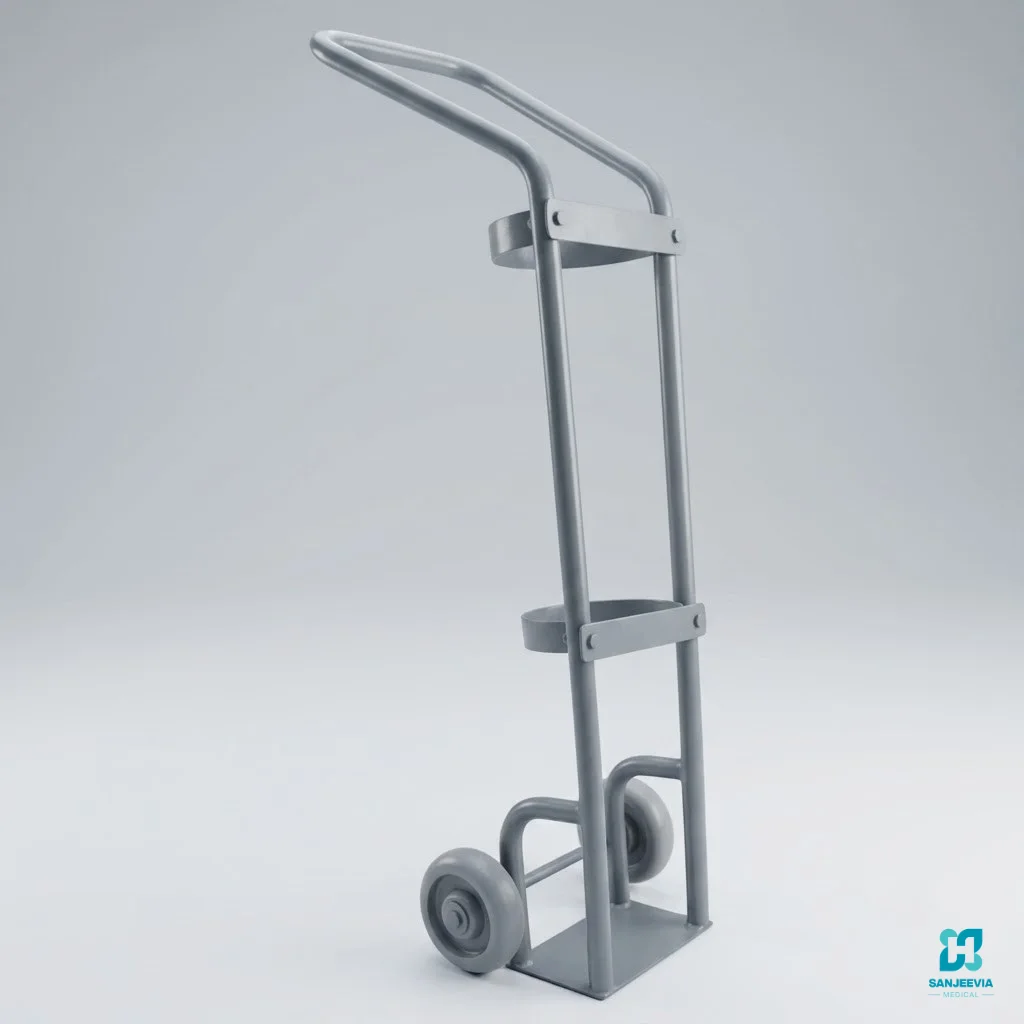 Large oxygen cylinder trolley with wheels for safe transport of medical oxygen cylinders