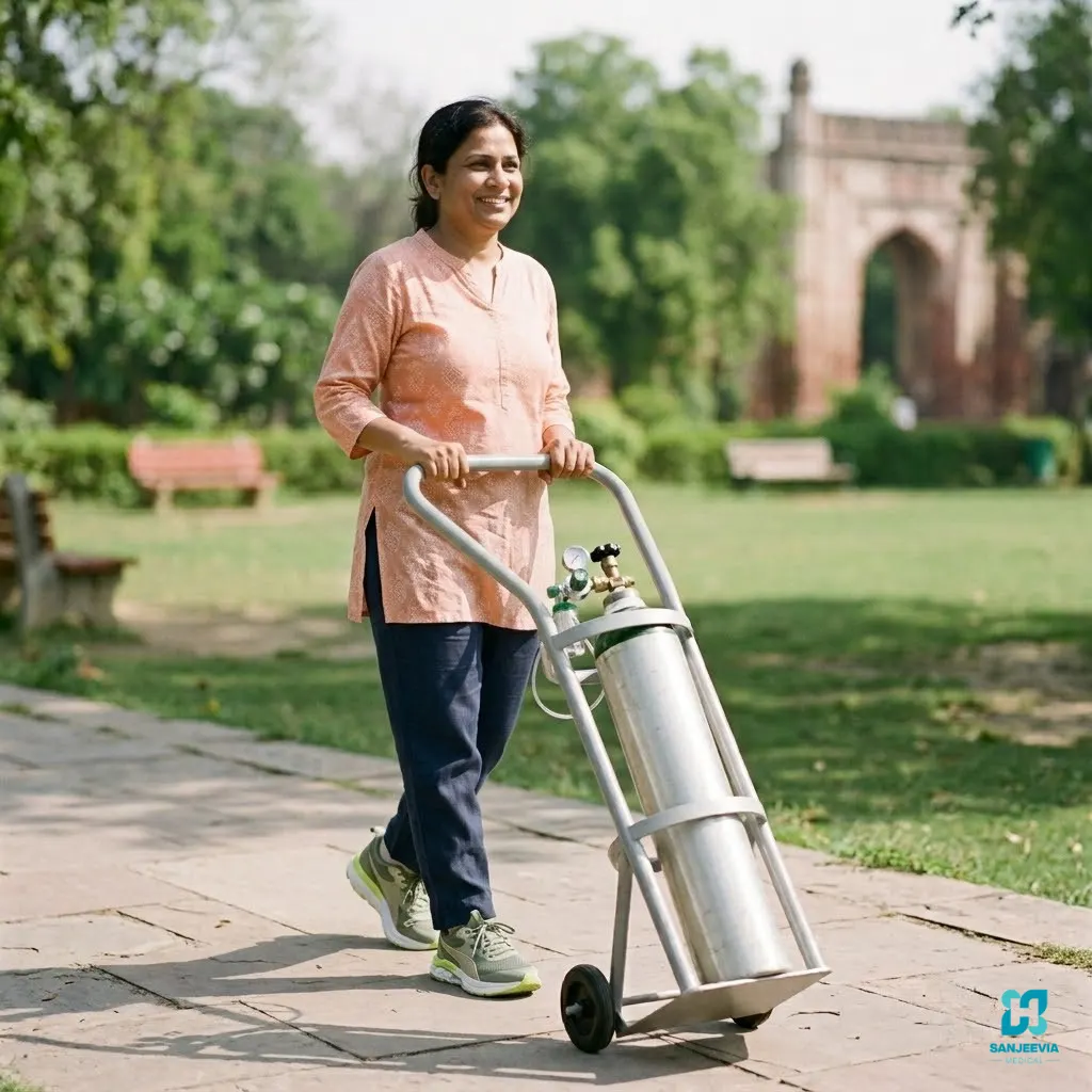 female patient using Large oxygen cylinder trolley with stable frame for hospitals, clinics and home healthcare