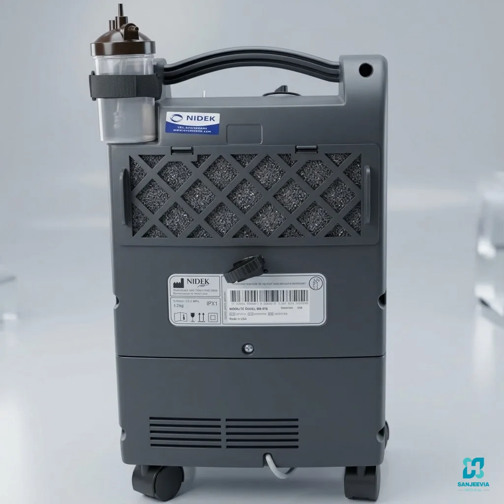 Nidek 5L oxygen concentrator delivering continuous oxygen therapy for home use