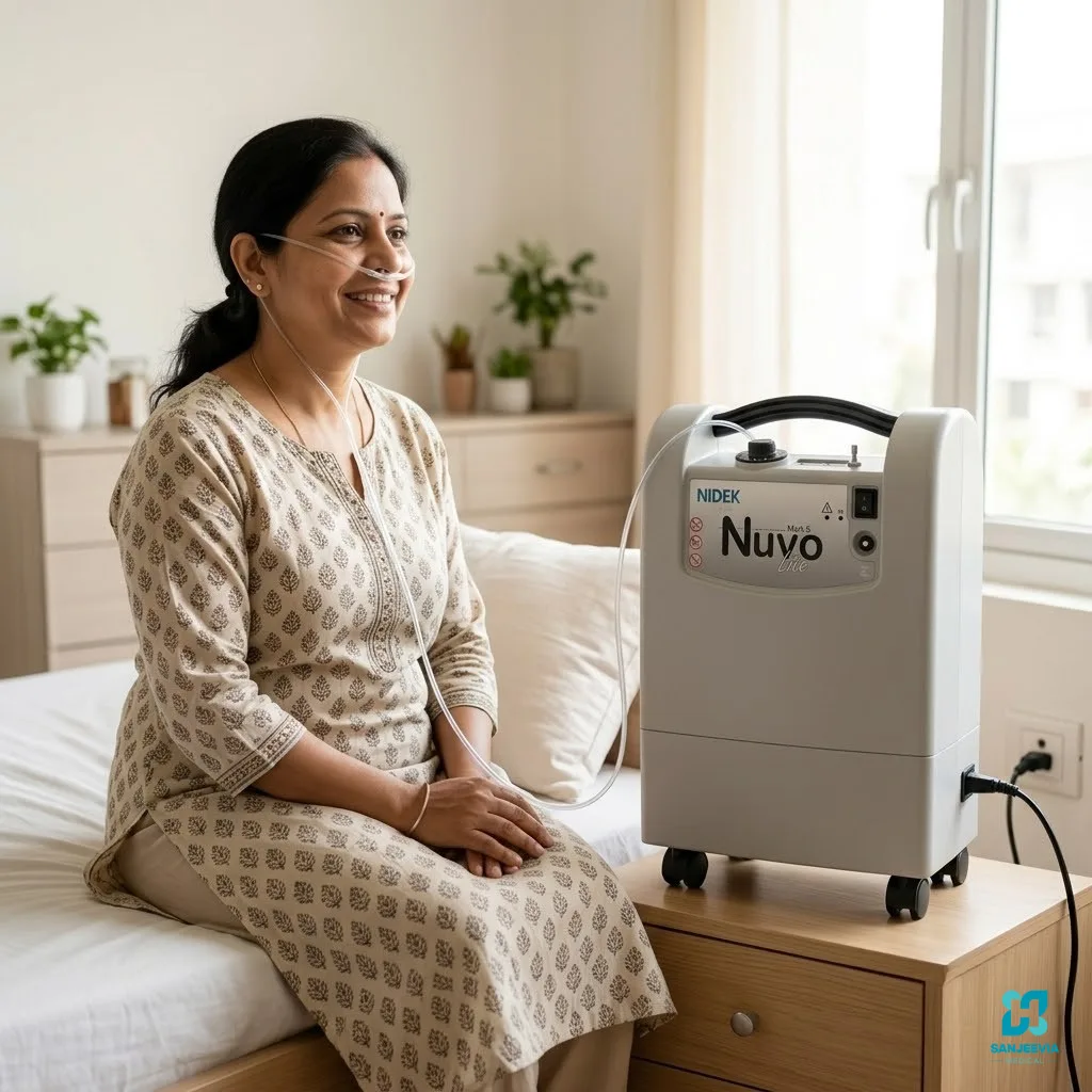 Hindi guide for safe use and maintenance of the Nidek Nuvo Lite 5L oxygen concentrator