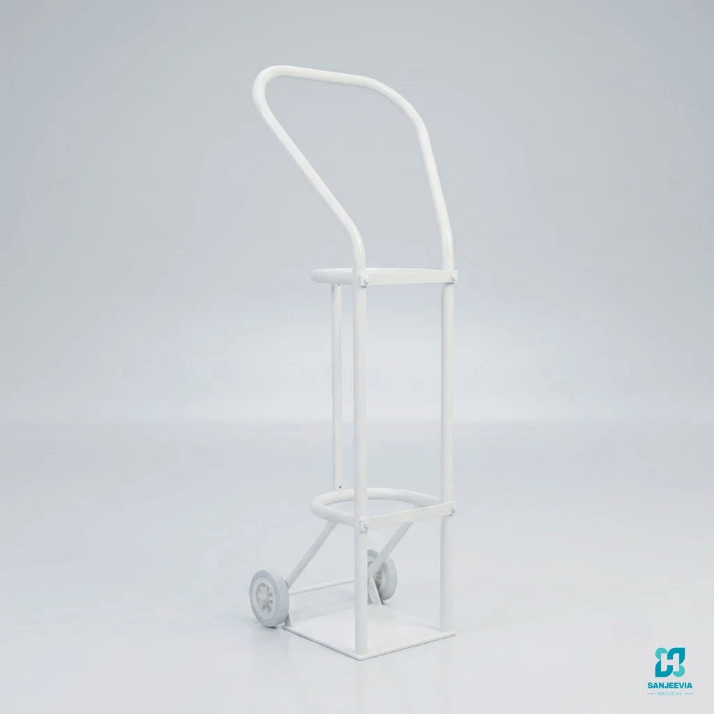 Oxygen Cylinder Trolley, Oxygen cylinder trolley for safely moving small medical oxygen cylinders