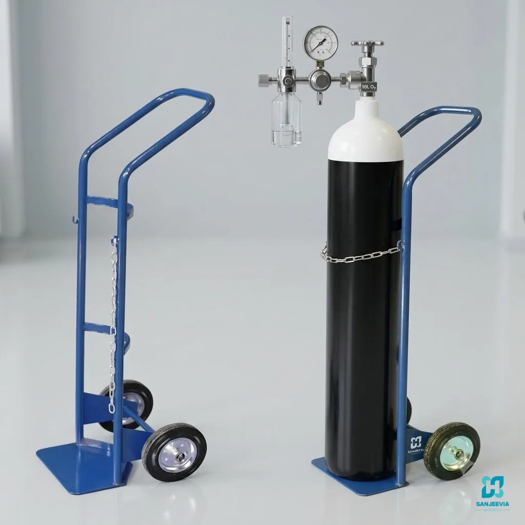 Oxygen Cylinder Trolley, Small oxygen cylinder trolley with wheels for hospitals, clinics and home care