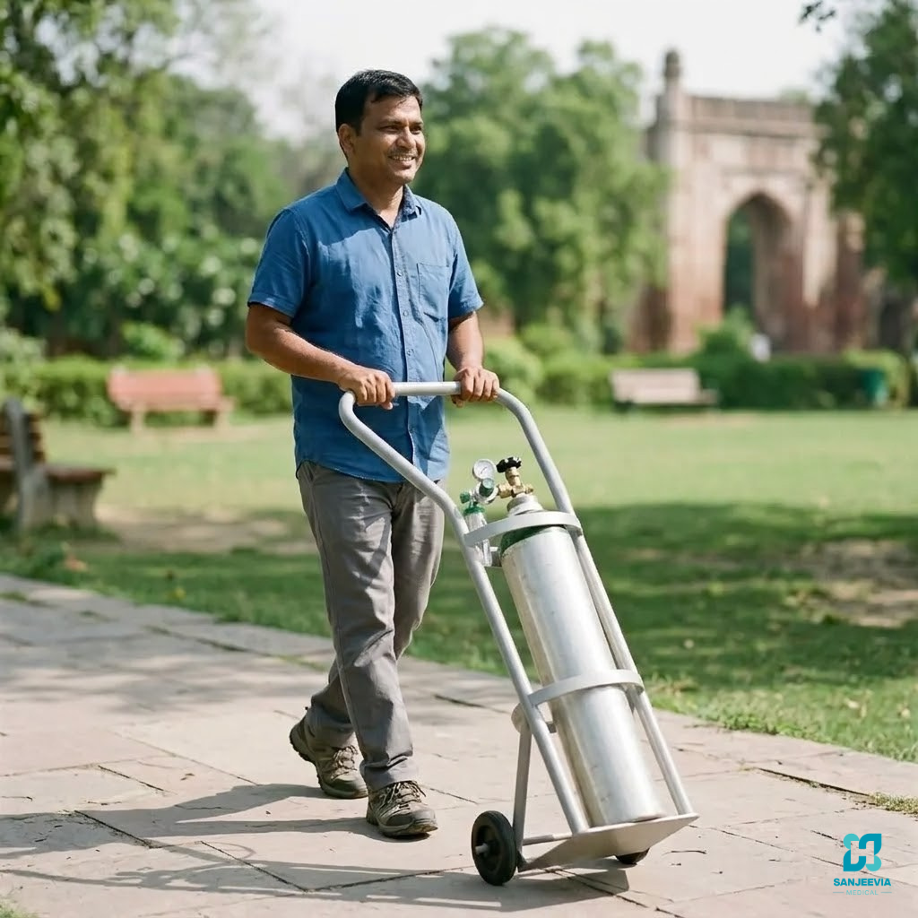 male Patient Portable oxygen cylinder trolley designed for easy transport of medical oxygen cylinders