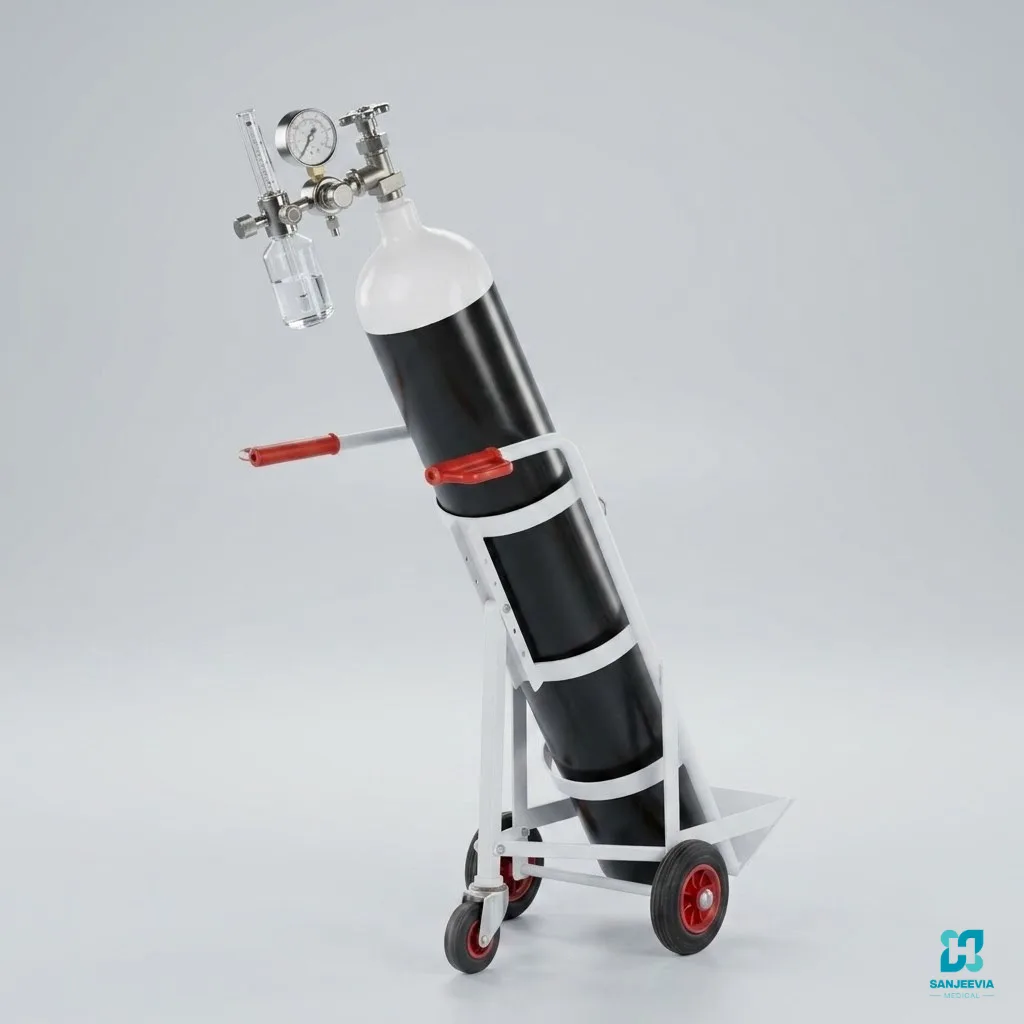 Oxygen Cylinder Trolley, Metal oxygen cylinder cart with wheels for secure cylinder handling and mobility